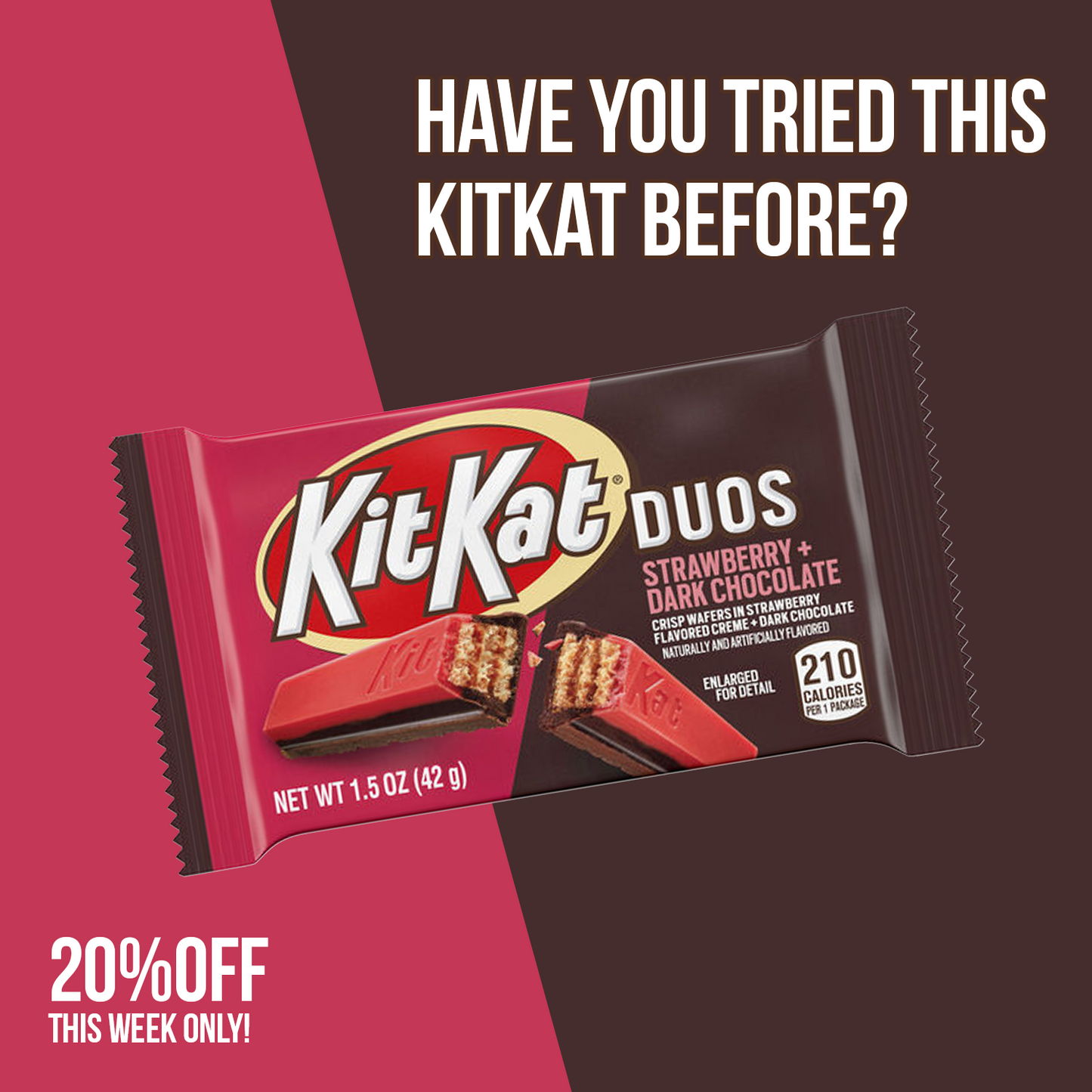 KIT KAT® DUOS Strawberry and Dark Chocolate (Standard Size Bar 1.5oz)